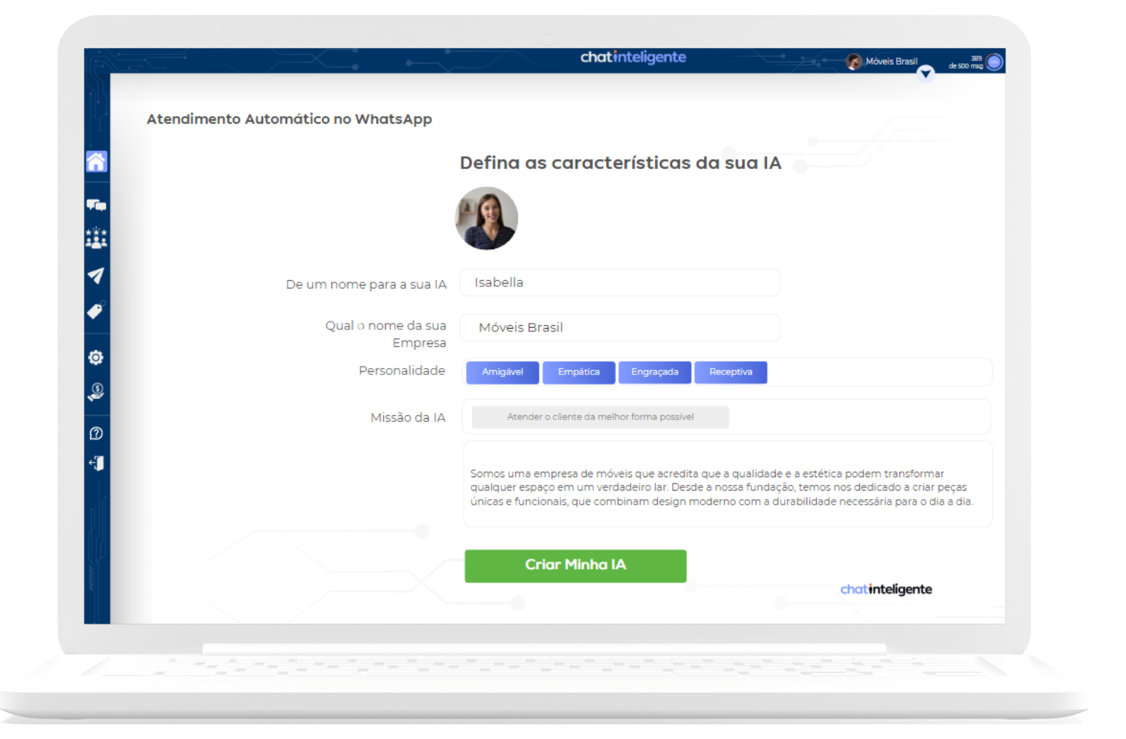 Painel web do Chat Inteligente exibido em notebook